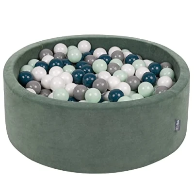 Afbeelding van KiddyMoon rond ballenbad fluwelen 90x30cm/200 ballen ∅ 7cm ballenbakken voor baby&#039;s speelbad peuters, made in eu, bosgroen: donker turquoise/grijs/wit/minze