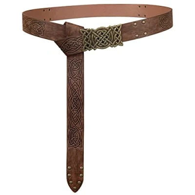Afbeelding van HiiFeuer Viking Reliëf Gesp Riem, Nordic Kunstleer Ridder Riem,Retro Middeleeuwse Krijger Riem Voor LARP Cosplay Halloween(Bruin A)