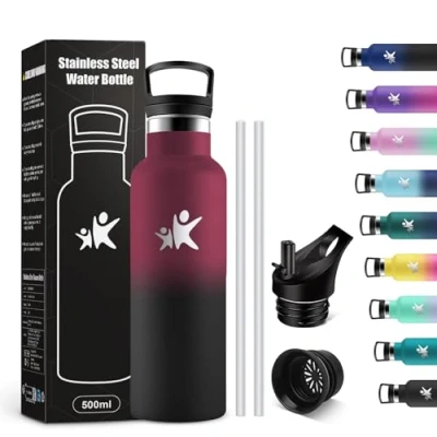 Afbeelding van KollyKolla Thermosfles voor kinderen, 500 ml, drinkfles met rietje, BPA vrij, roestvrijstalen drinkfles, gemakkelijk te reinigen, lekvrij, kantoor, school, camping, fitnessstudio, reizen