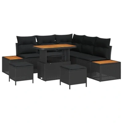 Afbeelding van vidaXL 8 delige tuinset met kussens zwart poly rattan en acacia
