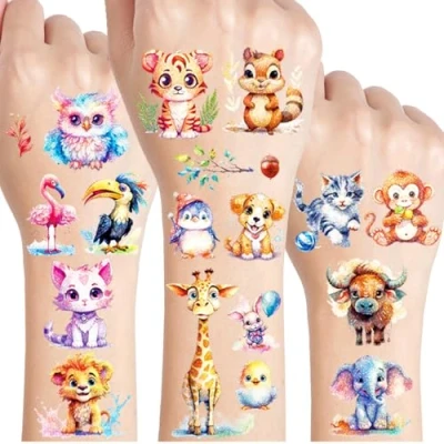 Afbeelding van Glitter Tattoo Set, 12 Vellen Dier Tijdelijke Tatoeages voor Kinderen, Dieren Geschenken Gongens en Meisjes, Feestdecoratie, Verjaardagsfeestje Bag Filler
