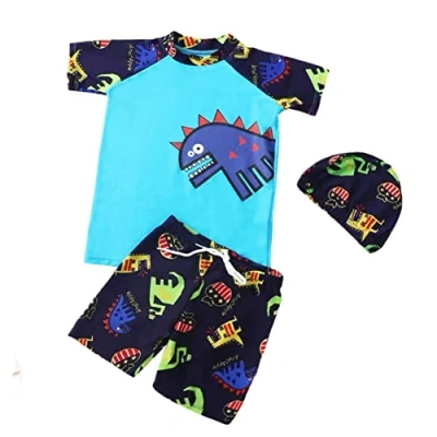 Afbeelding van FedMois Kinderen Jongens Zwempak 3 delig Badmode Set Zwemshirt Zwemshorts Badmuts, Dinosaurus Blauw, 4 jaar