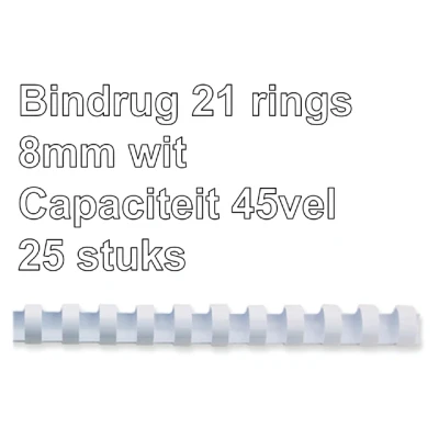Afbeelding van Bindrug Fellowes 8mm 21rings A4 wit 25stuks