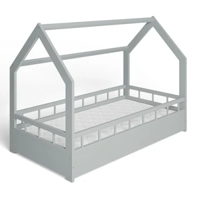 Afbeelding van MS FACTORY Huisbed met Matras 80x160 cm Kinderbed valbeveiliging Dennenhouten bed lattenbodem Barrière Grijs