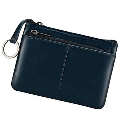 Afbeelding van Echt lederen portemonnee zakje drievoudige rits kaarthouder met sleutelhanger, Donkerblauw, Munt Pouch