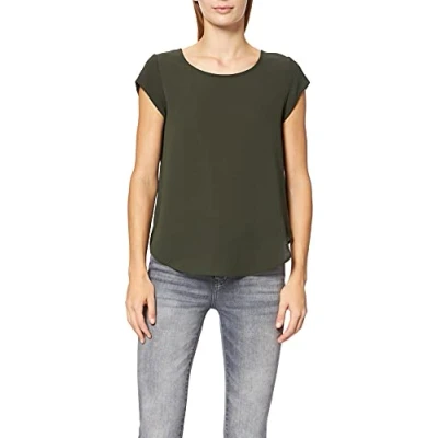 Afbeelding van ONLY Dames Effen Korte Mouw Blouse Basic Ronde Halsuitsnijding Blouses T Shirt Bovenstuk ONLVIC, Colour:Green 3, Size:38