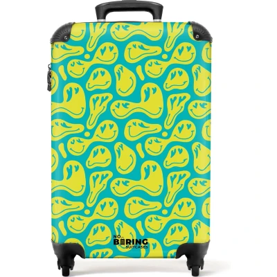 Afbeelding van NoBoringSuitcases.com® Handbagage koffer lichtgewicht Reiskoffer trolley Groen met gele smileys Rolkoffer wieltjes Past binnen 55x40x20 en 55x35x25