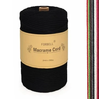 Afbeelding van Macramégaren, 2 mm x 300 m, premium katoengaren, doe het zelf handwerk, zwart,