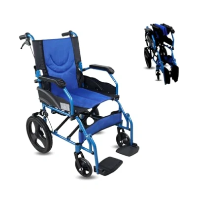 Afbeelding van Mobiclinic Pirámide Rolstoel Aluminium Doorgangsrolstoel Lichtgewicht frame Opklapbaar Rem op hendels Voetsteunen armleuningen Blauw Zitting: 46 cm
