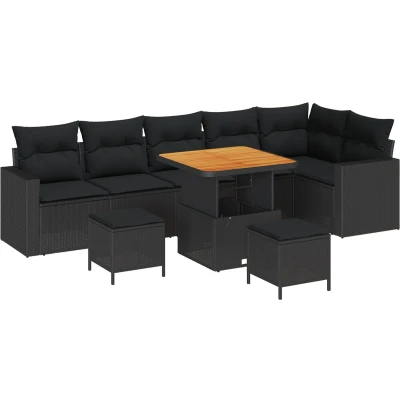 Afbeelding van vidaXL 9 delige Tuin Sofa Set met Kussens Zwarte Poly Rattan Acacia, 3 Eetset Acacia