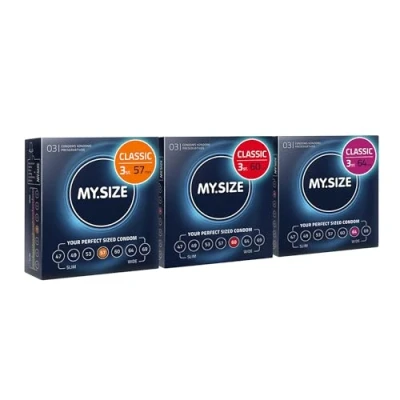 Afbeelding van MY.SIZE Classic Premium Condooms proefpakket van 3 I Breedtes 57, 60, 64mm 3x3 stuks extra dun realistisch gevoel ultra zacht dunne wanddikte 0,07mm veganistisch