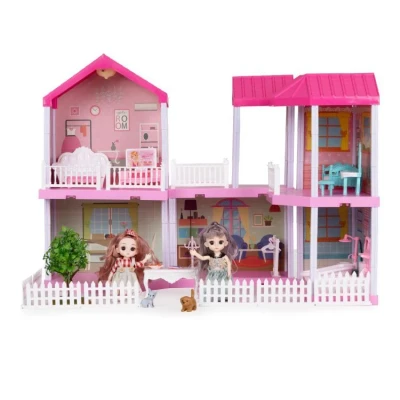 Afbeelding van Ecotoys 156 delig opvouwbaar poppenhuis met meubels, poppen en LED lamp 68.8 x 39.5 51.5 cm Roze