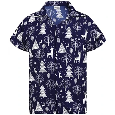 Afbeelding van King Kameha Funky casual Hawaïaans shirt voor kinderen, jongens en meisjes, voorzak, zeer luid, korte mouwen, uniseks, rendierprints, Rendier allover design blauw, XXL
