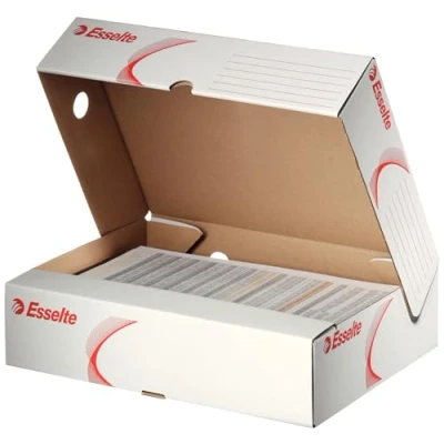 Afbeelding van Esselte Standard Archiefdoos 80 met brede opening, A4/Foolscap, Transfer File, Zuurvrij golfkarton, 600 vel capaciteit, 80mm rug, wit 10 stuks. Kleur: