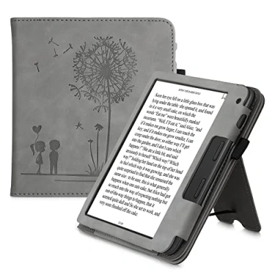 Afbeelding van kwmobile e reader hoesje compatibel met Tolino Vision 6 Ereader case van kunstleer Paardenbloemen Liefde in grijs