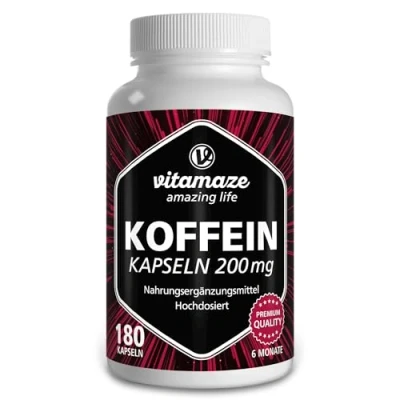 Afbeelding van Cafeïnecapsules hoge dosering, 180 capsules met 200 mg puur cafeïnepoeder voor 6 maanden, 2 kopjes koffie in één capsule, voedingssupplement zonder onnodige additieven, Made Germany