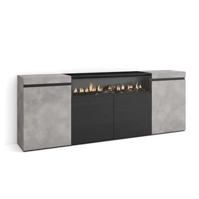Afbeelding van Skraut Home dressoir, highboard commode, comodekast 200x75x35cm 4 deuren elektrische open haard. Afmetingen moderne stijl cement