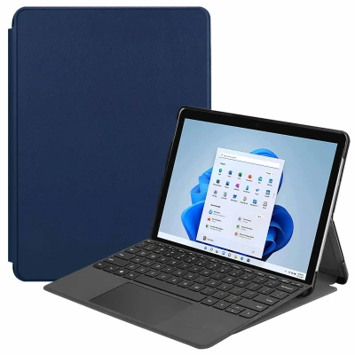 Afbeelding van Microsoft Surface Pro 8 Hoes: iMoshion Trifold Bookcase Donkerblauw Kunstleder Tablet Hoezen