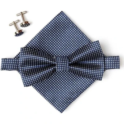 Afbeelding van Vlinderstrik inclusief pochette en manchetknopen Donkerblauw kleine ruit luxe vlinderdas strik strikje pochet heren