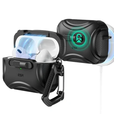 Afbeelding van ESR AirPods Pro 2 hoes, beschermhoes compatibel met 2e / 1e generatie (2023/2022/2019), MagSafe (USB C/Lightning kabel), magneetsluiting, valbescherming trekkoord, zwart