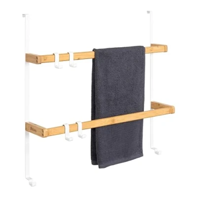 Afbeelding van eluno Hangende deurrek van metaal en bamboe, handdoekhouder met 2 handdoekstangen, 4 praktische haken, om op te hangen zonder boren (wit)