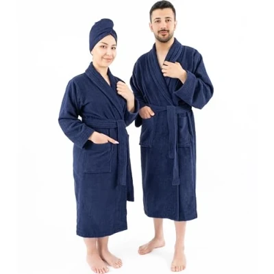 Afbeelding van Hammetex Badjas, 100% katoen, uniseks, voor dames en heren, hoogwaardig, 400 g/m², zacht, absorberend, badstof, badjas paren, met zakken, marineblauw, S M
