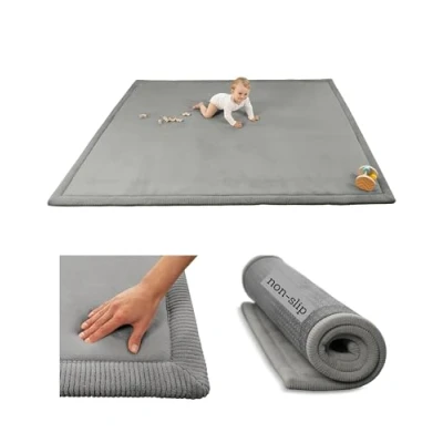 Afbeelding van Premium babyspeelmat voor baby&#039;s op de vloer 152 x 203 cm, donkergrijs wolkzacht koraalfluweel traagschuimtapijt om te kruipen en spelen antislip, waterbestendig, onderhoudsvriendelijk spiermat