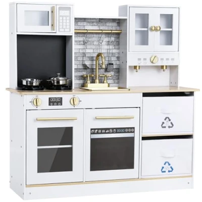 Afbeelding van Kinderkeuken van Hout, Keukenspeelgoed met Echt Licht en Geluiden, 90 x 30 cm Speelkeuken Keukenspeelsets in MDF, Grote Opbergdoos, Speelgoed Keuken voor Kinderen Vanaf 3 Jaar, Wit