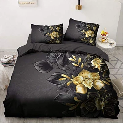 Afbeelding van Luowei Bloemen beddengoed, 135 x 200 cm, 4 delig, zwart goud, romantisch bloemendekbedovertrek met ritssluiting, microvezel dekbedovertrek en 2 kussenslopen 80 cm