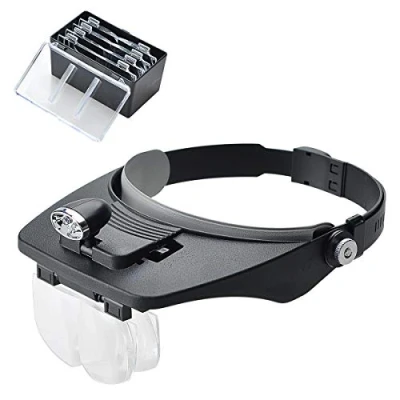 Afbeelding van COVVY Hoofdband vergrootglas met 2 LED verlichting, handsfree headset loep hoofd gemonteerde vergrootglazen 4 afneembare lenzen om te lezen, elektronische reparatie, sieraden, naaien, ambachten,