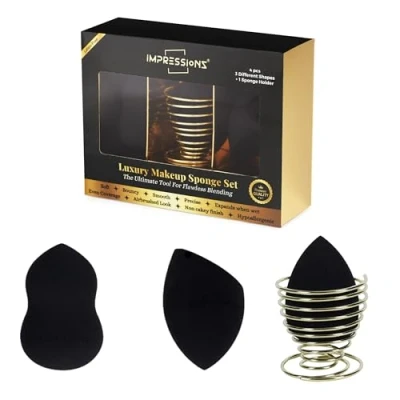 Afbeelding van ImpressionZ Premium Makeup Sponge Set 3 Pcs Blending Sponges with 1 Holder, Multi Shape Cosmetic Applicators for Foundation, Liquid, Cream, and Powder Vegan &amp; Cruelty Free, Smooth Application