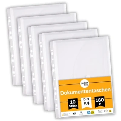 Afbeelding van perfect line 10 documententassen DIN A4 met klittenbandsluiting, vulhoogte 20 mm, doorzichtige mappen helder &amp; transparant, showmap flap archiefstrip, verzamelfolie elastische vouw