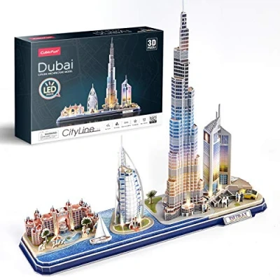 Afbeelding van CubicFun 3D Puzzle LED Dubai Architecture Model Kit voor kinderen en volwassenen, Atlantis The Palm Dubai, Burj al Arab Jumeirah Hotel, Khalifa, Emirates Towers, 182 stuks