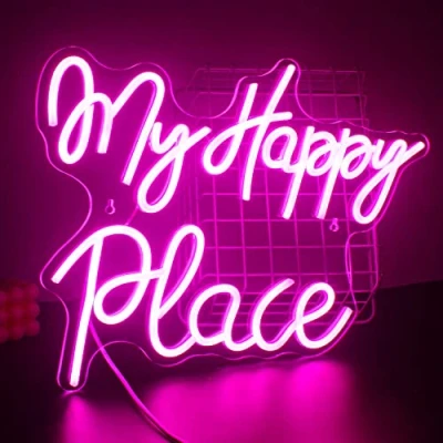 Afbeelding van SIGNSHIP My Happy Place neon teken Led licht wordt gebruikt voor wanddecoratie, USB aangedreven roze letters acryl kunst wanddecoratie slaapkamer, speelkamer, woonkamer, bar