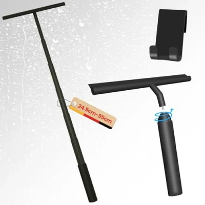 Afbeelding van LORESJOY Uittrekbare Douchewisser, Raamwisser Zwart, 95cm Douchewisser met Houder Zonder Boren, Trekker Douche voor Douchedeuren, Spiegels, Ramen, Tegels, Autoruiten, Glasreiniging