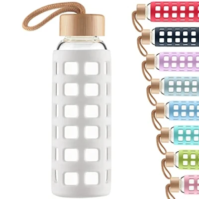 Afbeelding van Cleesmil Sport Glazen waterfles met siliconen hoes bamboe deksel BPA vrij 1000 ml/1 liter (wit)