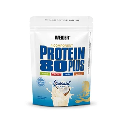 Afbeelding van WEIDER Proteïne 80 Plus eiwitpoeder, kokosnoot, low Carb, meercomponenten casein Whey Mix voor eiwitshakes, 500 g