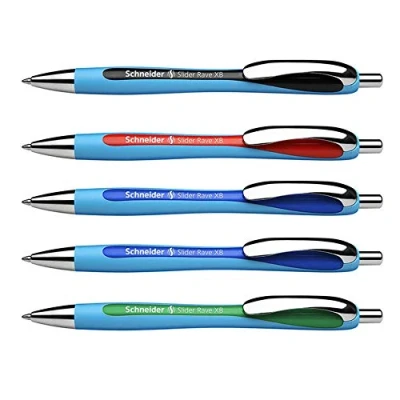 Afbeelding van Schneider Slider Rave XB balpen (lijndikte: XB, onuitwisbare vulling, Made in Germany) 5 pack, schrijfkleur: 2x blauw, zwart, rood en groen