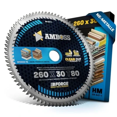 Afbeelding van HM cirkelzaagblad 260x30 Z80 trapeziumplatte tand voor aluminium. AMBOSS WERKZEUGE® zaagblad 260 mm comp. Makita 2704N. MLT100NX1. LH1040F Festool Kapex KS 120 DeWalt DW711 DLS111.LS1019L.