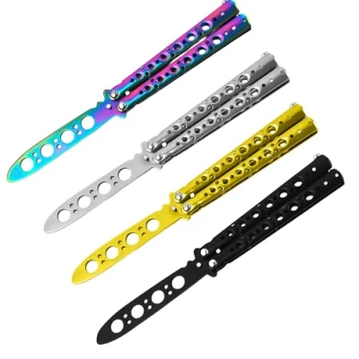 Afbeelding van Sporgo 4 stuks vlinder trainer: vlindermes om te oefenen, ongeslepen lemmet, vlinderkam van roestvrij staal, voor trainingsmessen, beginners, de flippende trucs oefent (zwart + zilver kleur goud)