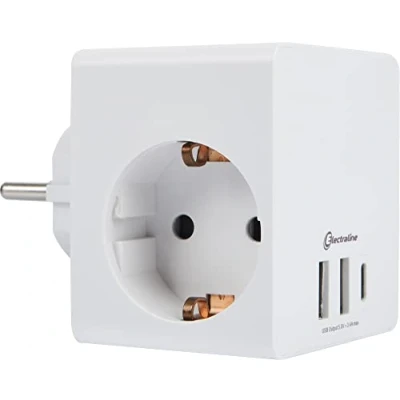 Afbeelding van Electraline 55085 stekkerdoos/adapter Cube 3 Schuko aansluitingen + USB 3.4A 17W (2 A 1 C) voor het gelijktijdig opladen van elk elektronisch apparaat (smartphone of tablet),Wit