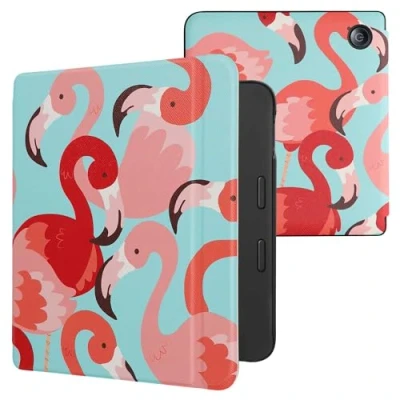 Afbeelding van kwmobile E reader hoesje geschikt voor Tolino Vision 6 hoes flip case met magnetische sluiting Ereader cover Flamingo&#039;s design in roze / poederroze rood