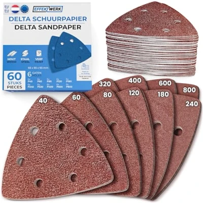Afbeelding van EFFEKTWERK Deltaschuurmachine Schuurpapier Driehoekschuurmachine 60 stuks met Klittenband 6 Gaten 93x93x93mm Schuurdriehoeken 10x Korrel P40 P60 P80 P120 P180 P240