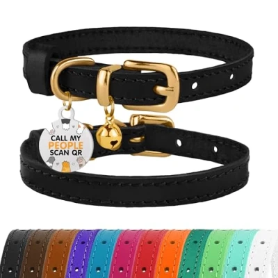 Afbeelding van BRONZEDOG Lederen kattenhalsband met gesp verstelbare kleine huisdierhalsbanden voor kitten zwart bruin roze paars rood turquoise (nekmaat 17,8 cm 22,9 cm, zwart)