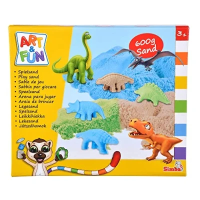 Afbeelding van Art and Fun Speelzandset, dinosaurus, 3 x 200 g zand, platform, 4 dino, 3D vorm, fossielvorm, scooter, mes, vanaf jaar