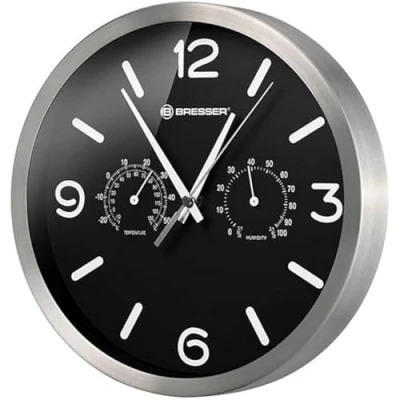 Afbeelding van Bresser MyTime ND Radiogestuurde klok, wandklok, thermo hygro met geruisloos radiouurwerk, roestvrijstalen frame en weergave voor temperatuur luchtvochtigheid, zwart, 250 x mm