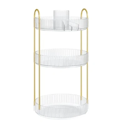 Afbeelding van SONGMICS Make up Organizer Roterende Cosmetische Rond 3 Niveaus Opslag Verstelbare Kaptafel Cadeau Idee Transparant JKA011W02