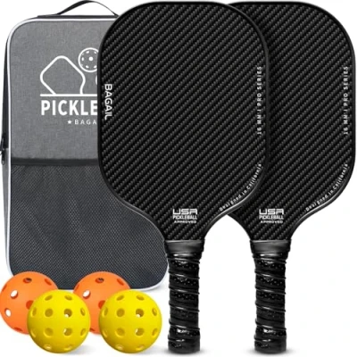 Afbeelding van BAGAIL Pickleball peddels, USAPA goedgekeurde set, lichtgewicht augurkenbalrackets met 4 ballen, 1 tas, ontworpen in Californië voor tractie en stabiliteit 2 stuks, zwart