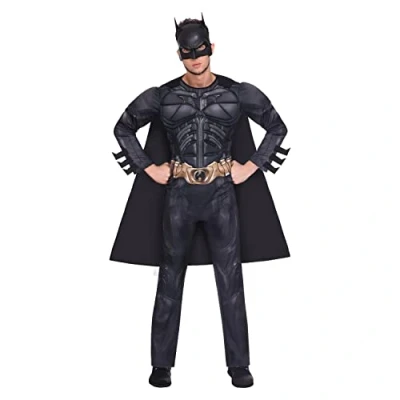 Afbeelding van Amscan Batman kostuum voor volwassenen, uit The Dark Knight Rises, overall met gevoerde borst, 3D manchetdetail, afneembare cape, masker, themafeest, zwart