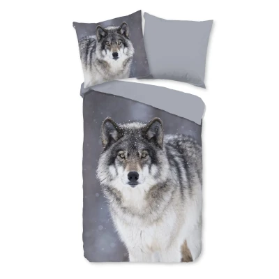 Afbeelding van Flanellen Dekbedovertrek 135x200 cm Wolf Print Grijs 1 Persoons 100% Katoen Flanel